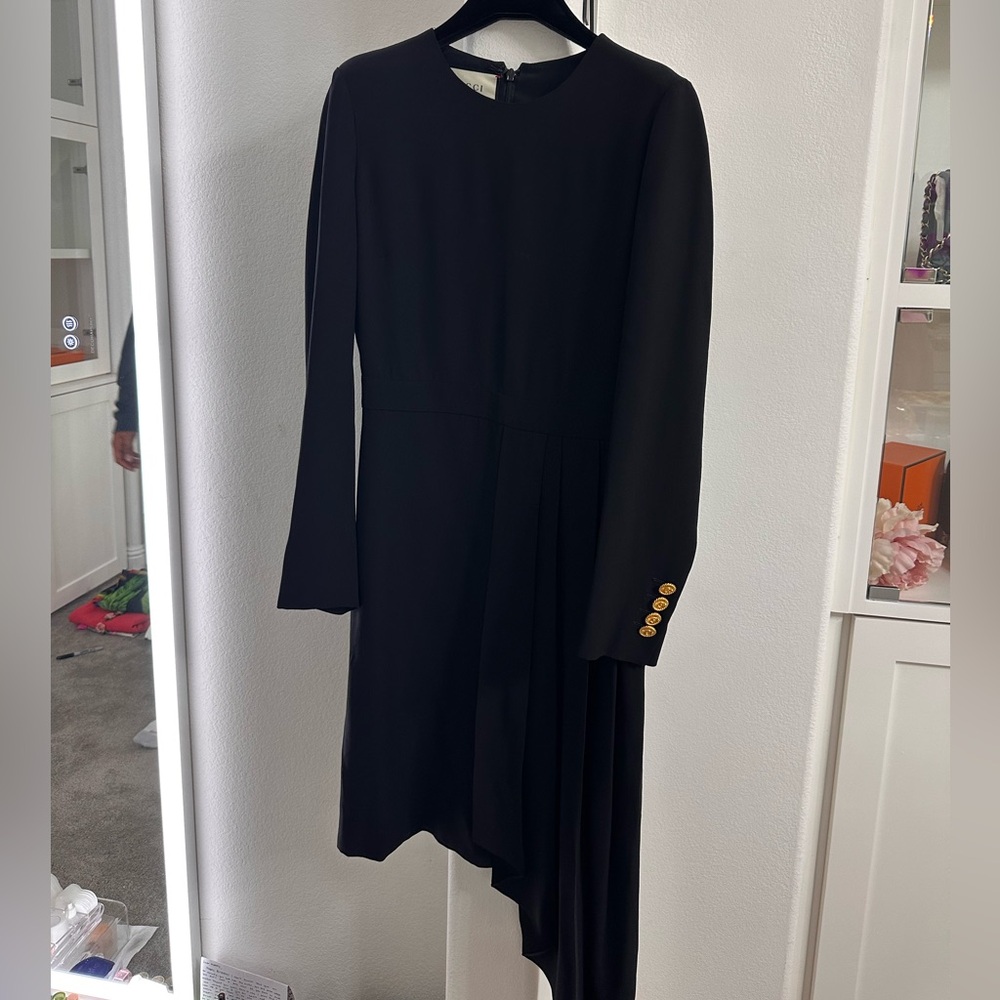 Gucci New Black Dress Asymmetric Wrapped Detail Silk Long Sleeve Black Dress